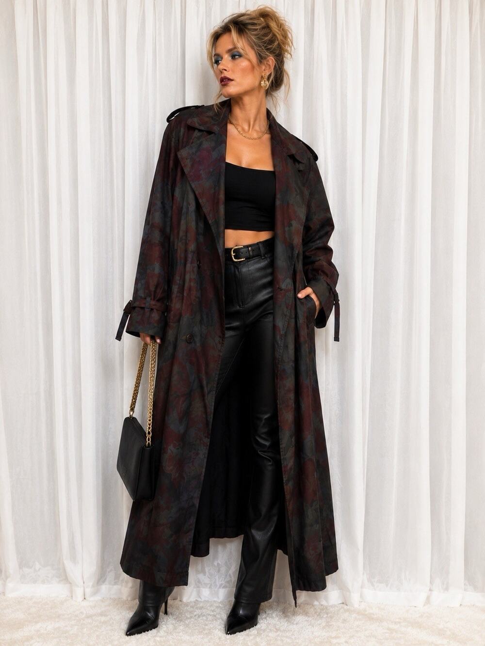 VTG Floral Abstract Trench Coat Long Maxi Deep Purples & Greens Avant Garde L